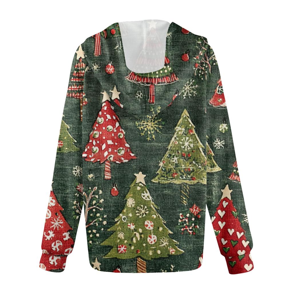 Женская мода с длинным рукавом, завязками на шнурке, капюшоном, пуговицами, V-образным вырезом, повседневная толстовка с капюшоном и рождественским принтом