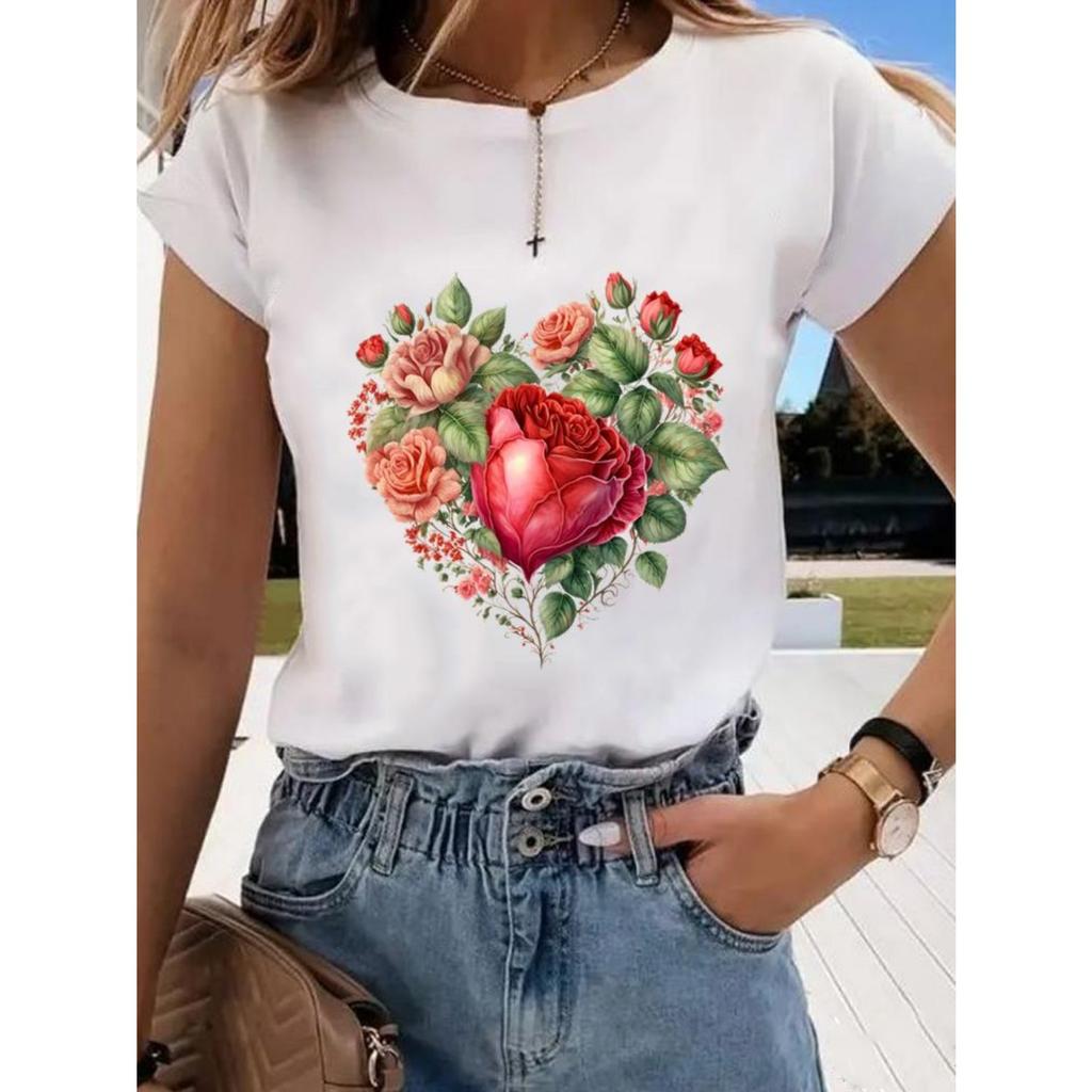 Floral Sweet and Cute Fashion Printing Women's O-neck Clothes T-shirt Short-sleeved Casual Daily Top