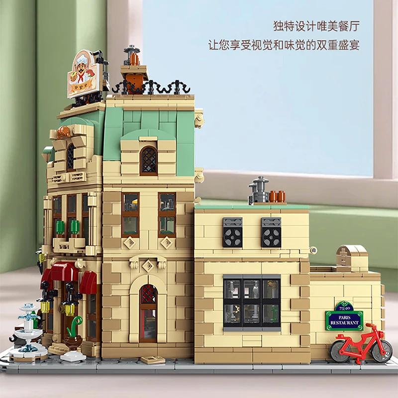3104Pcs Moc City Street View Paris Restaurant Construction Building Led Light Assembling Toys For Children Birthday Gift Set