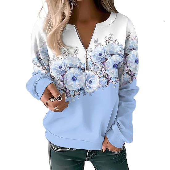 Женский осенне-весенний свитер с цветочным принтом, v-образный вырез, молния, декор, пуловер с длинными рукавами, мягкий повседневный толстый эластичный манжет, женский топ, блузка