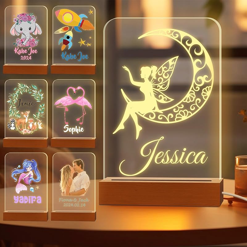 Персонализированный ночник для детей, выгравированное имя, акриловые светодиодные лампы с деревянной основой для детской спальни, декоративный ночник, индивидуальный день рождения