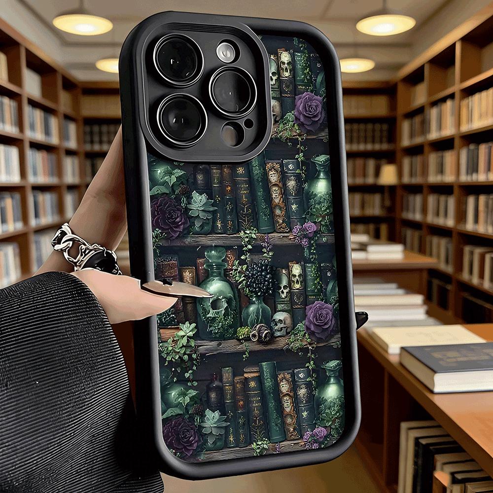 Готический книжный шкаф Черепа и розы Чехол для телефона для iPhone 17 16 15 14 13 12 11 Pro Max Plus Защитный, Гелевый, Гибкий, Защита от царапин