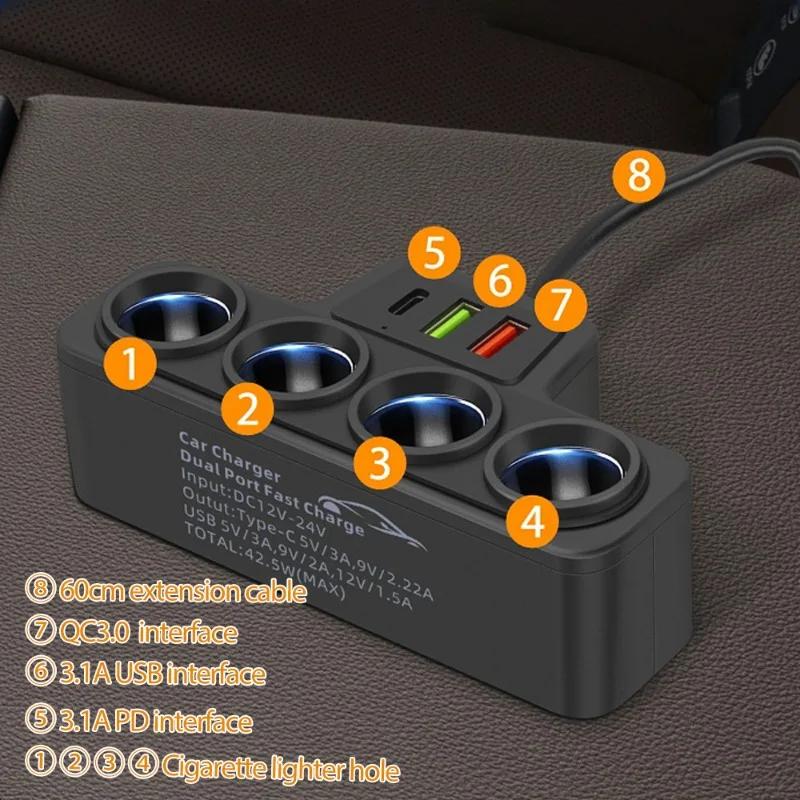 7in1 Cigarette Adapter Charger 12V/24V 4-Socket Car Cigarette Lighter Adapter 120W 3.1A USB+QC3.0+PD3.1A Car Charger Accessories