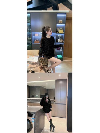 Unisex Black Jacquard Knitwear Sweatshirt with Letter Design, Long Sleeve, Round Neck