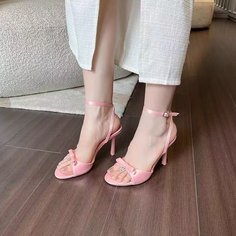 Лето 2025 французские милые туфли-лодочки с бантом, круглым носком и открытым носком на шпильке, женские элегантные феи, высокие каблуки, для улицы