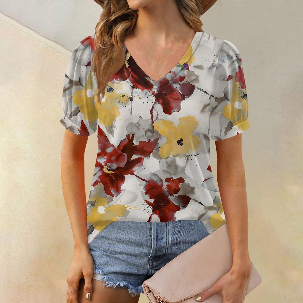 Женские летние топы с коротким рукавом и V-образным вырезом, свободные повседневные футболки