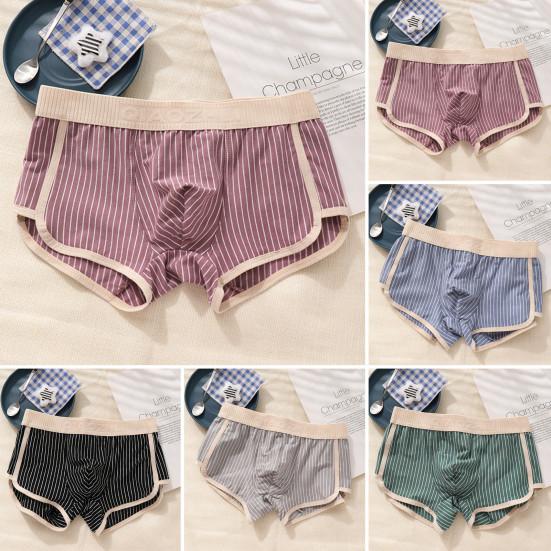 Men Boxer Briefs Mid-rise Elastic Waistband Shorts Underwear Striped Print Patchwork Color U-Convex Panties
