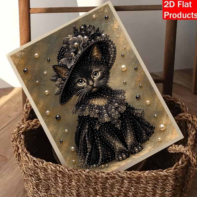 Elegant Black Cat with Pearls and Diamonds Painting Art Kit DIY Gemstone Beading Craft Kit Home Wall Decoration