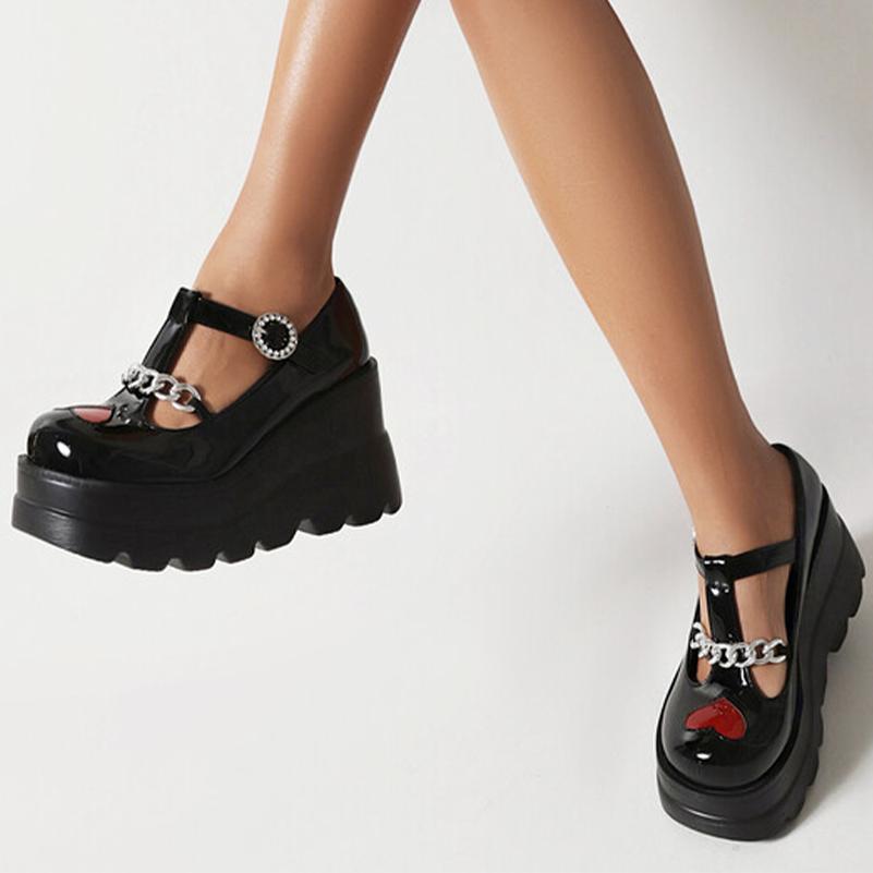 Женские туфли-лодочки из искусственной кожи, туфли на высоком каблуке на танкетке с круглым носком и Т-образной цепочкой, вечерние туфли с кристаллами в стиле панк, весенне-осенняя обувь