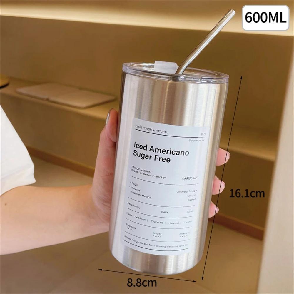 1PC Portable 600ml Thermos Cup 304 Stainless Steel Coffee Mug Thermal Leak-proof Water Bottle with Straw Insulated Bottle Drinkware