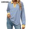 Spring and Autumn Women's Plus Size Color Collision Lapel Loose Long Sleeve Striped Sweatshirt