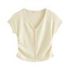 Футболка из модального хлопка, приятная для кожи, с пуговицами, плиссировкой на талии, V-образным вырезом, для женщин, летняя, с короткими рукавами, тонкий топ