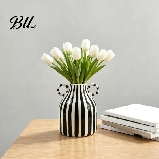 Retro Style Floral Container Striped Ceramic Vase, Modern Glossy Hand Painted Flower Vase with Double Decorative Vases for Home Decor Ear Handles