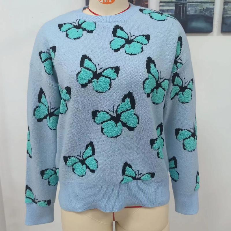 IHUASU Winter Printed Butterfly O-Neck Women's Loose Plus Size Knitwear Pullover Sweater