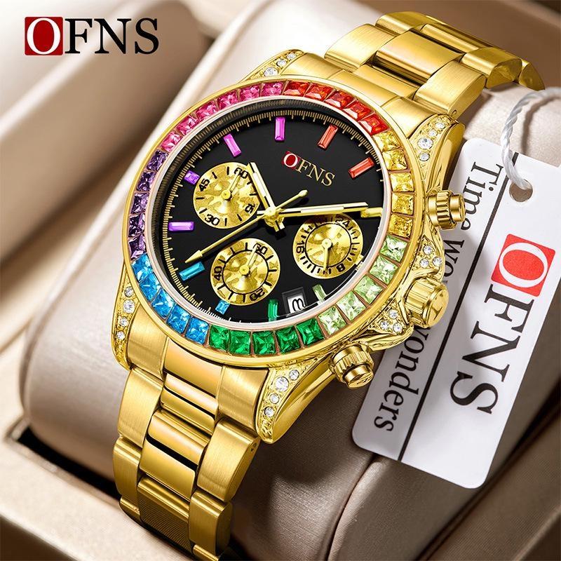 Rainbow Diamond Chronograph Men's Watch Six Pin Quartz Movement Waterproof Calendar Night Light Luxury Men's Watch