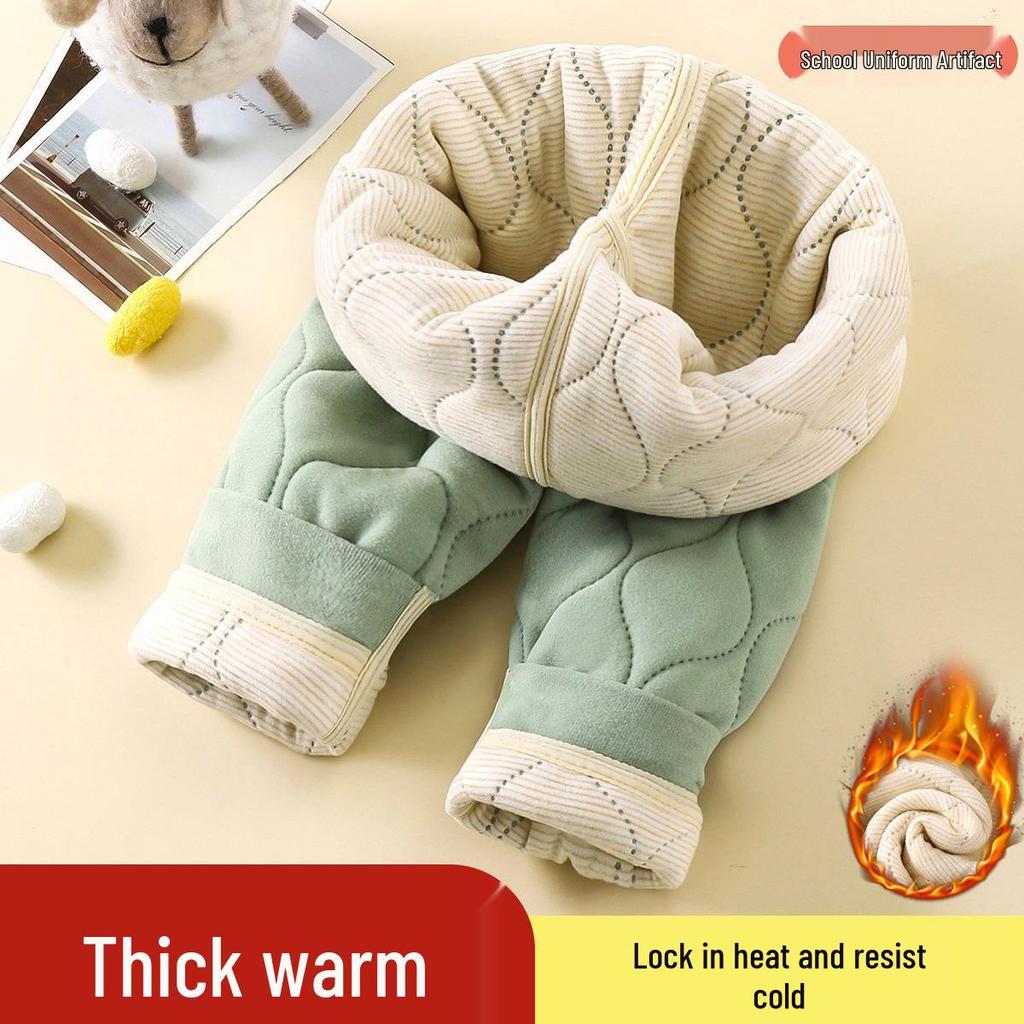 Kids' Quilted Fleece-Lined Thermal Pants - Warm, Thickened, Unisex, Autumn/Winter School Uniform.
