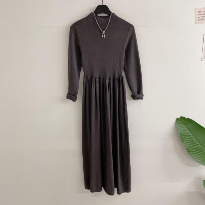 Honey J Women Mock Neck Shirred Flare Knit Long Dress  4 Colors 