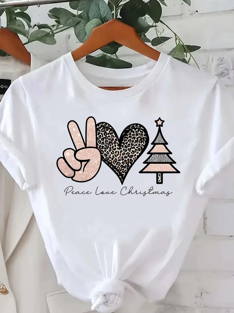 (Asian Size) Tree Lovely Style Cute New Year Tee Merry Christmas Festival O-neck Clothing Women's Top T Print Fashion Ladies Graphic T-shirts