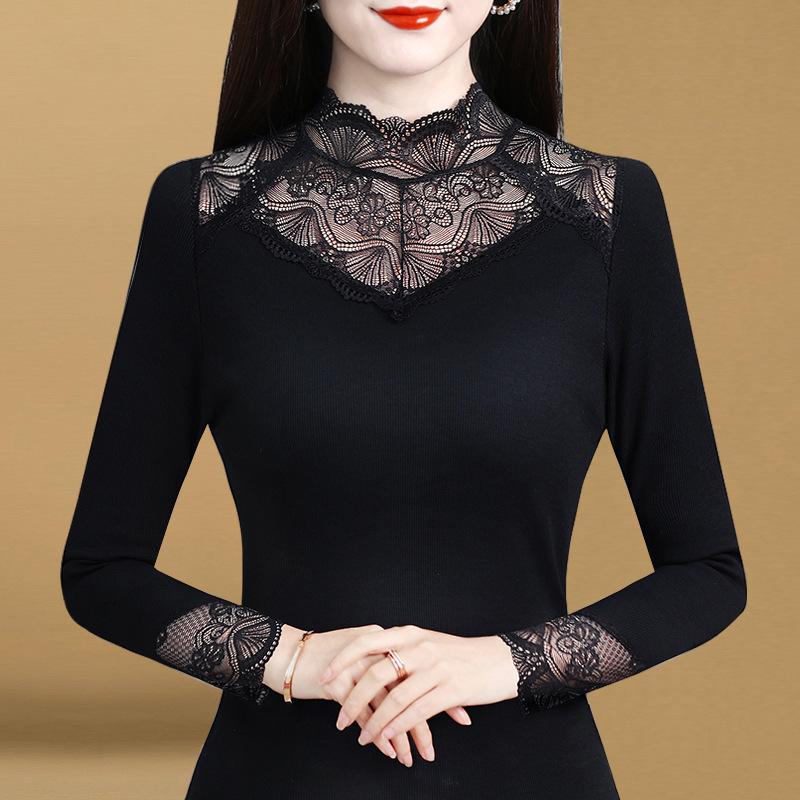 Женская кружевная рубашка с высоким воротом и новой черной футболкой, а также утолщенный сетчатый топ из бархата с длинными рукавами