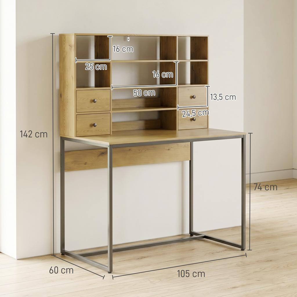 Computer Desk, 4 Drawers, 105 x 60 cm, Open Shelves, Natural Wood