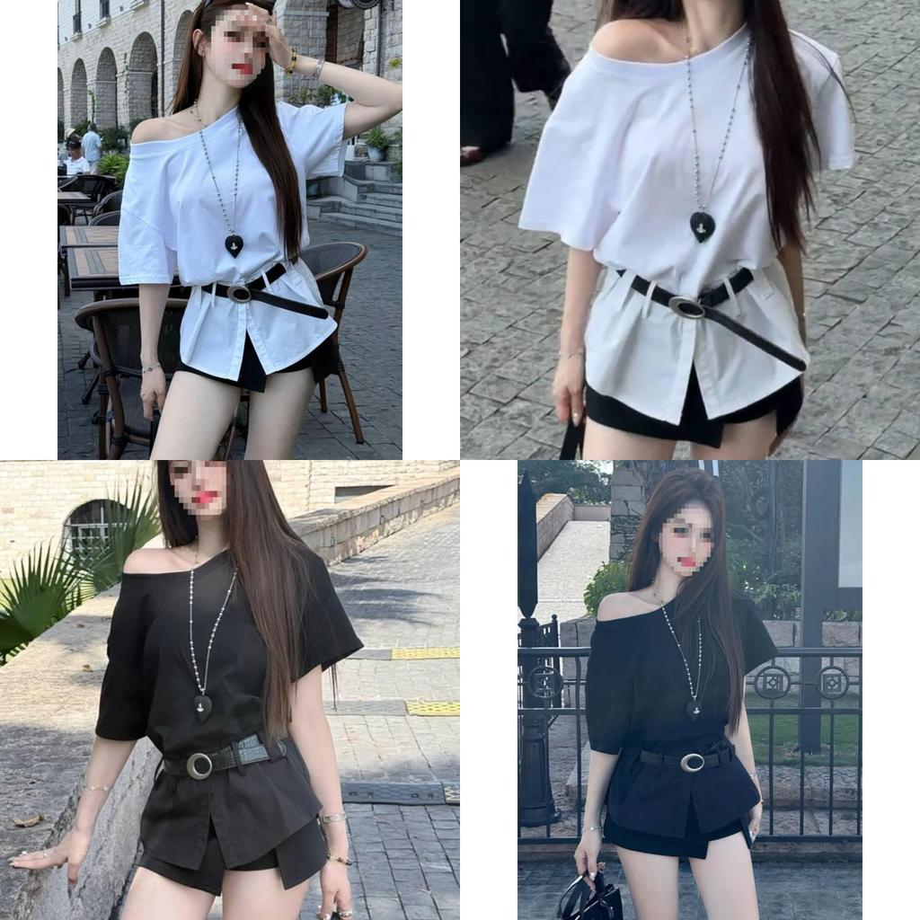 Summer Fashion Offshoulder Spliced Ruffled Waist Tshirt For Women