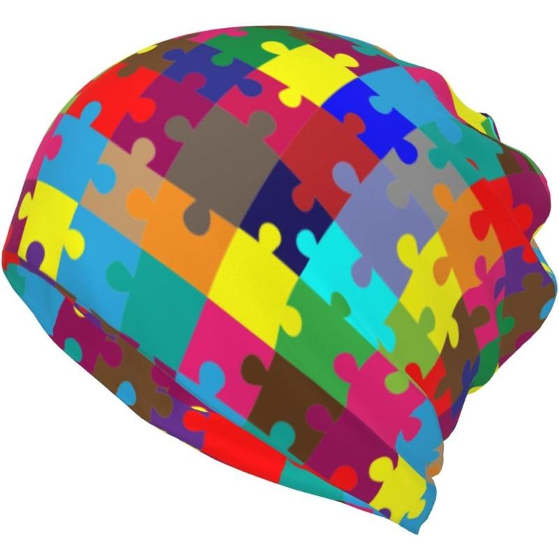 Autism Puzzle Beanie Hat Baggy Slouchy Chemo Beanies Cap Stretch Scarf Head Wrap Hip Hop Hats for Unisex Women Outdoor