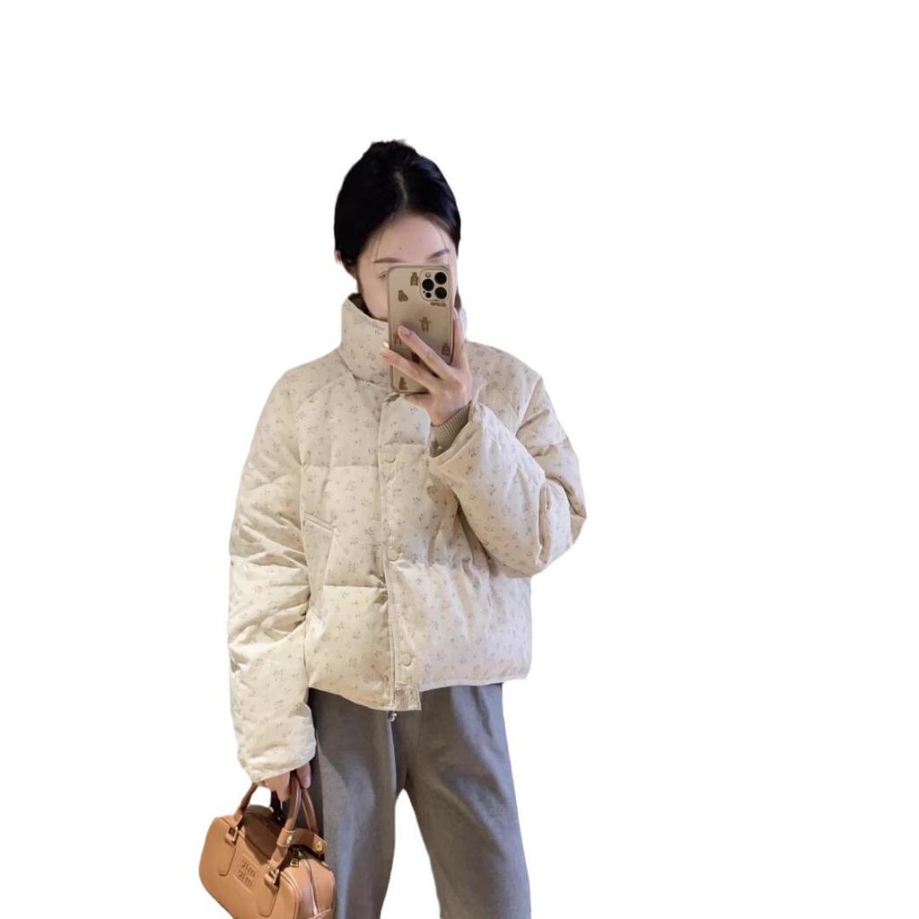 European winter new small floral stand-up collar down jacket women's small bread jacket short fashion jacket