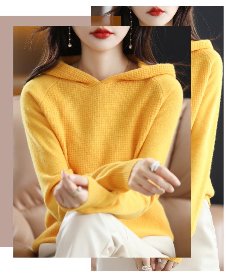 2023 Autumn/Winter Women's Pure Wool Hoodie Sweater - Cashmere Knit Pullover, Solid Color