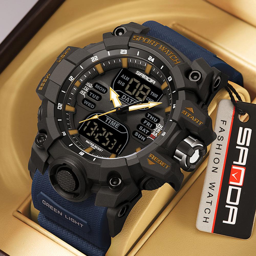 SANDA Спортивные военные мужские часы, роскошные часы с двойным дисплеем, водонепроницаемые кварцевые наручные часы 50 м для мужчин