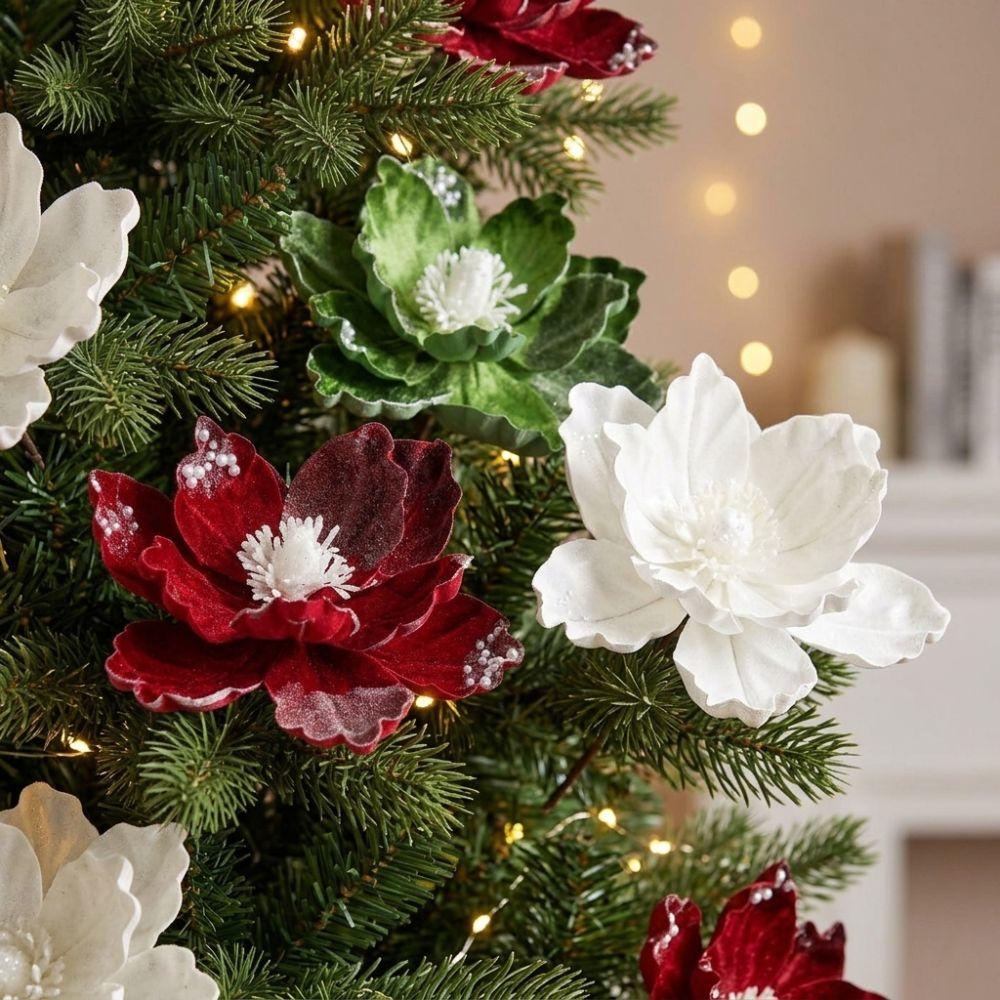 Lifelike Flocked Christmas Magnolia Flowers Sequin Fake Christmas Flowers Wedding Decor