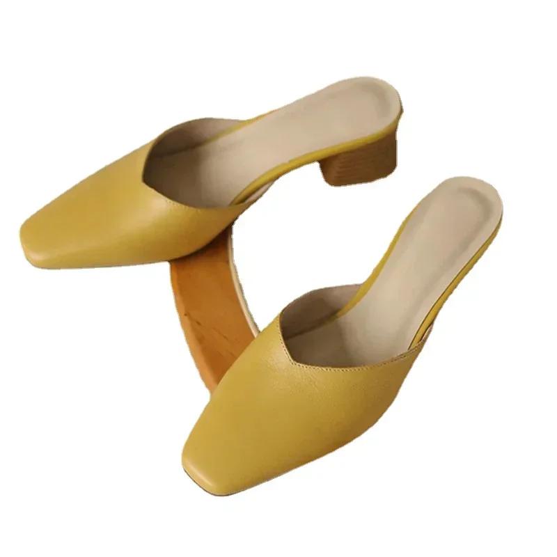 Летние женские полутапочки Baotou без шнуровки, однотонные женские мюли с квадратным носком на толстом высоком каблуке, Zapatillas Mujer