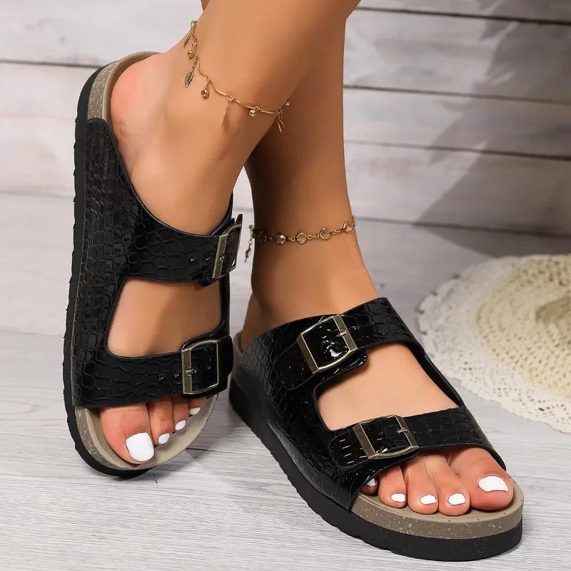 Модные женские пробковые сандалии на толстой подошве, лето 2024, новые однотонные нескользящие уличные тапочки на толстой подошве для женщин