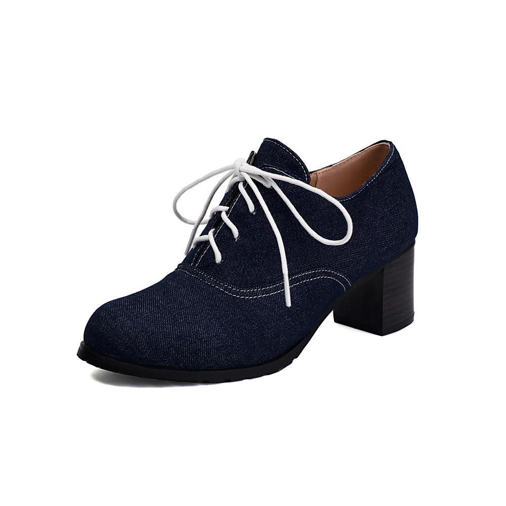 Мода Винтаж Деним Женские Туфли-Лодочки на Шнуровке Квадратный Каблук Круглый Носок Высокий Каблук Британский Стиль Оксфорды Осень Низкий Верх Студенческая Обувь Синие Ботинки