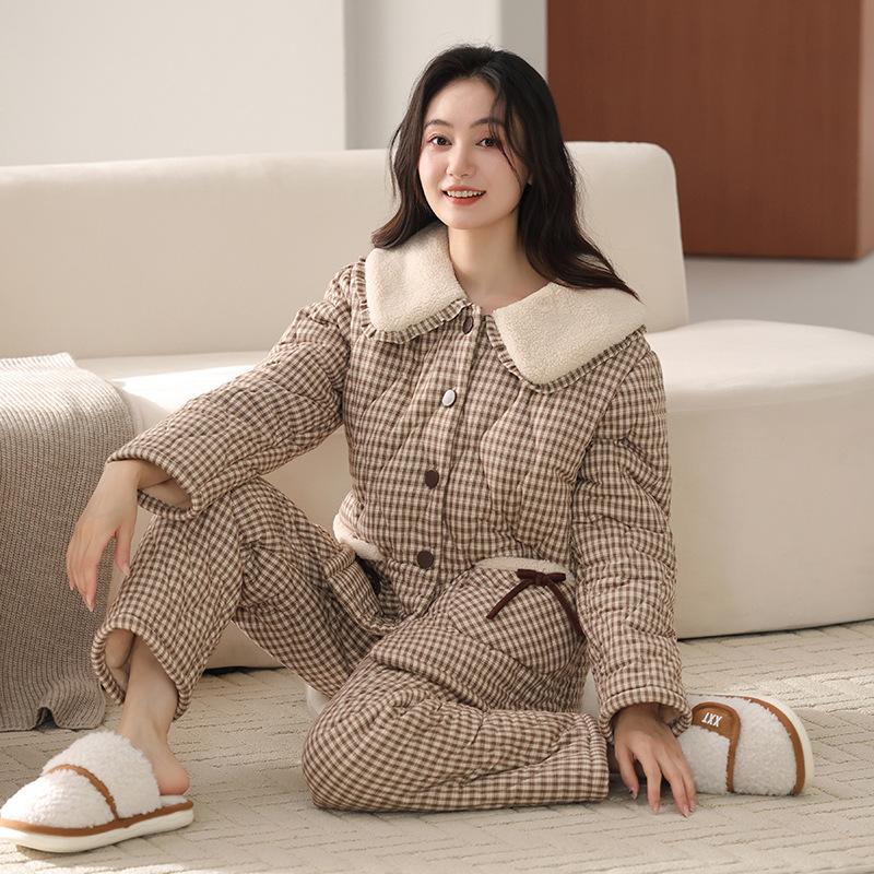 Тканая пижама из чистого хлопка с подкладкой, женская зимняя трехслойная утолщенная и бархатная зимняя домашняя одежда, теплый костюм