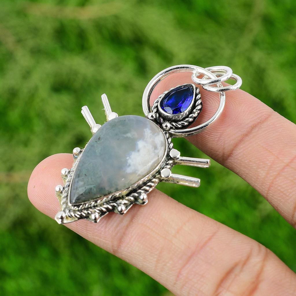 Mothers Day Deal 925 Silver Pear Solar Moss Agate Stone Tanzanite Quartz Pendant