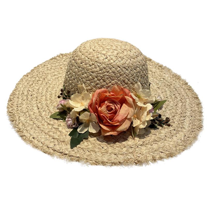 Handmade straw flower versatile sunshade sunscreen hat women's summer vacation seaside large brim breathable sun hat