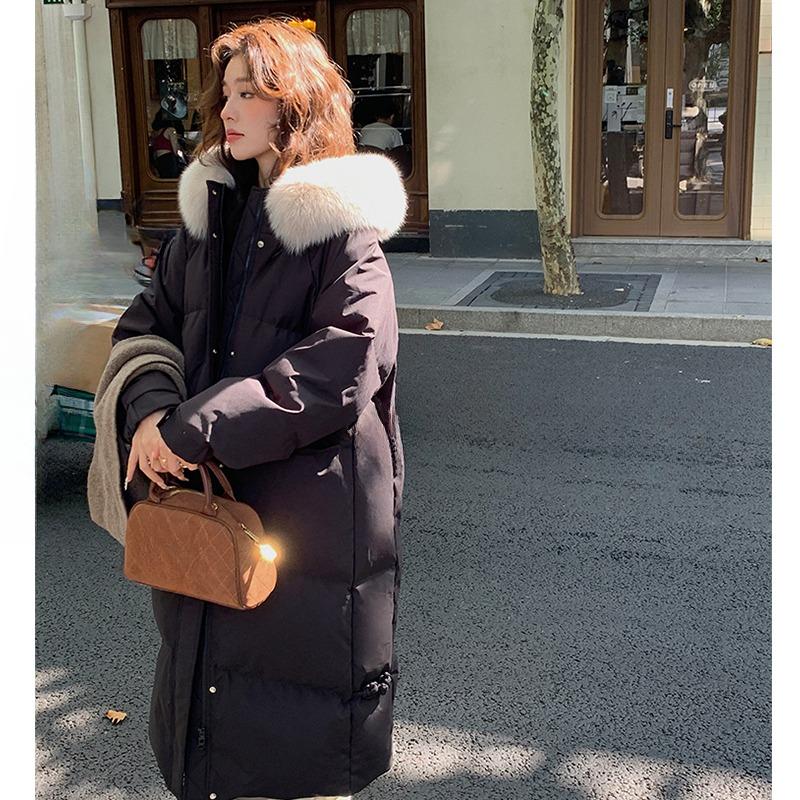 2024 New Hooded Thickened Mid-length Large Fur Collar Down Cotton Jacket Women's Thin Jacket Winter Hooded Puffer Jackets Outerwear Snow Wear Padded