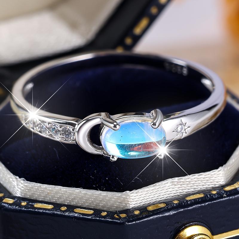 Настоящее кольцо из стерлингового серебра S925 с луной и звездами для женщин, овальное кольцо с лунным камнем, обручальное кольцо для невесты, подарок на годовщину