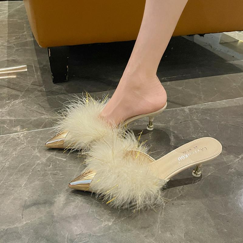 2024 Новые туфли Baotou на высоком каблуке с острым носком, женские туфли Muller на толстом каблуке, модные туфли-лодочки с перьями в стиле феи