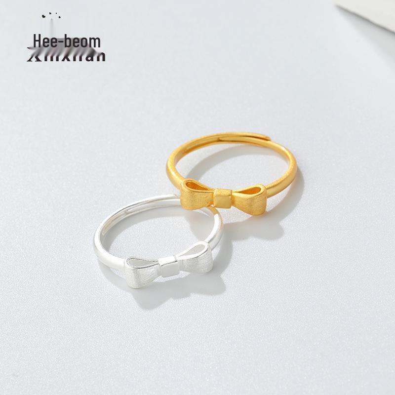 S925 Sterling Silver Gold Bow Ring for Women - Japanese & Korean Style, Sweet, Brushed Design, Elegant & Simple Jewelry