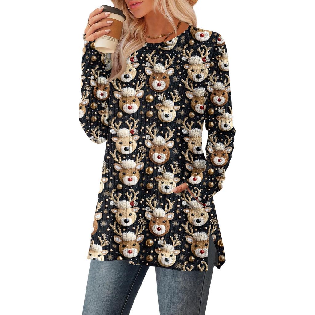 Women's Christmas Printed Round-neck Long-sleeved Top With Pockets And Side Slits