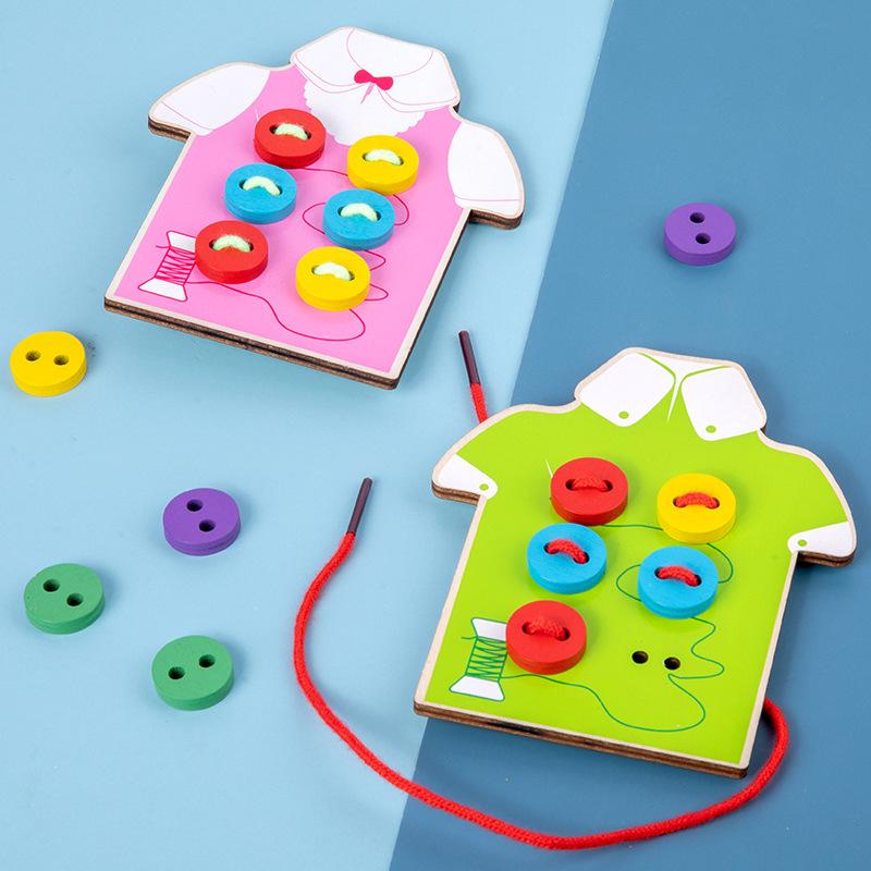 Children's educational string games, wooden clothes buttons to tie shoelaces, baby early education exercise, hands-on brain toys