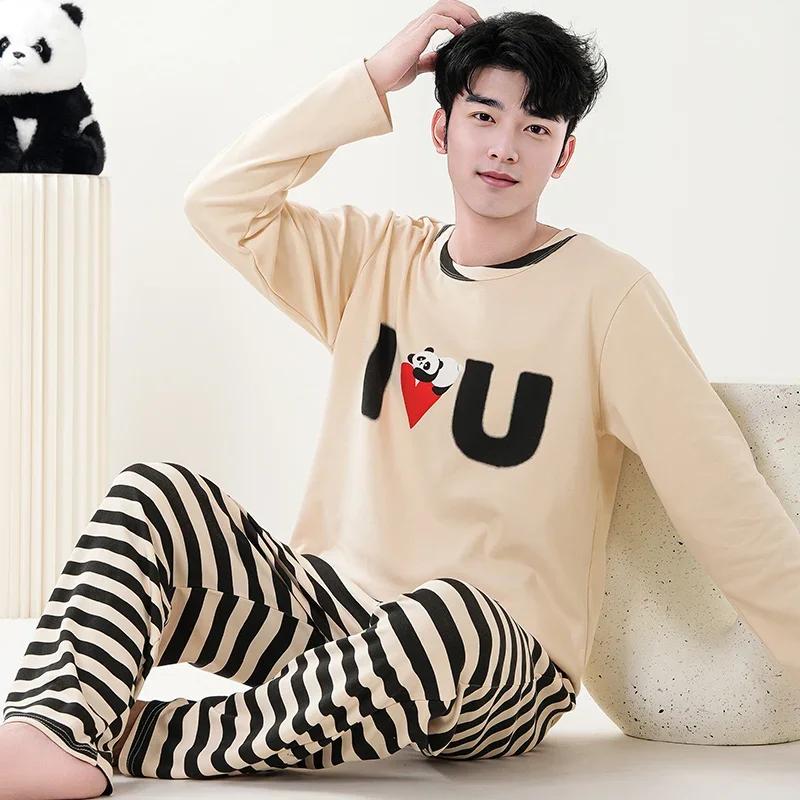 Милый пижамный комплект с рисунком панды для мужчин, хлопковый осенний комплект с длинными рукавами и круглым вырезом, ночная рубашка для осени и весны, домашняя одежда для мужчин