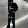 Unisex Streetwear Hoodie Set With Ribbed Hem Loose Fit Long Sleeve Cotton Blend Pullover Jogger Pants