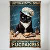 Винтажная ретро жестяная вывеска 'Кошка-шеф-повар на кухне', Черно-белая кошка, выпекающая с скалкой и банками, Текст с эффектом старения 'Я только что испекла вам немного'