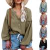 2023 Autumn Women's Loose V-Neck Lantern Sleeve Cotton Shirt