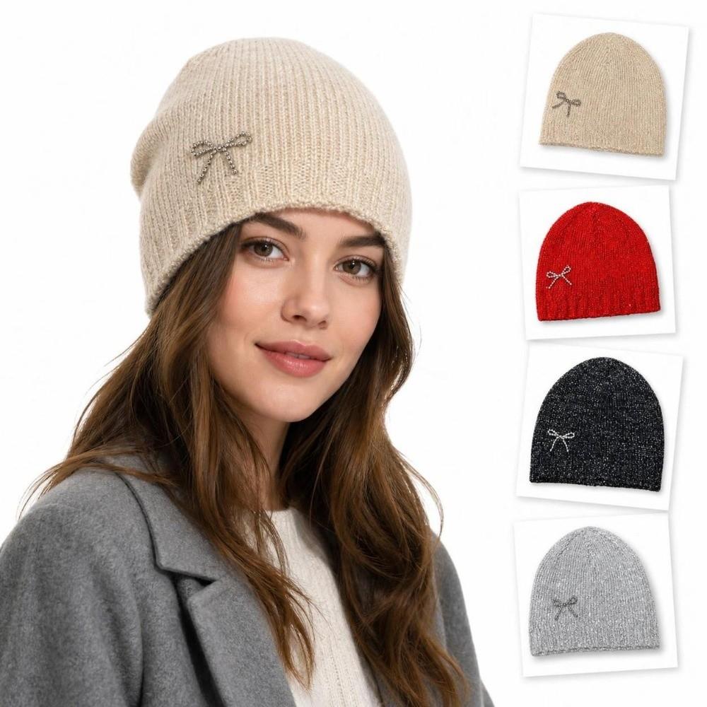 Rhinestone Bow Decor Skull Cap Hat Lightweight Warm Lining Sparkly Beanie Hat Daily Wear
