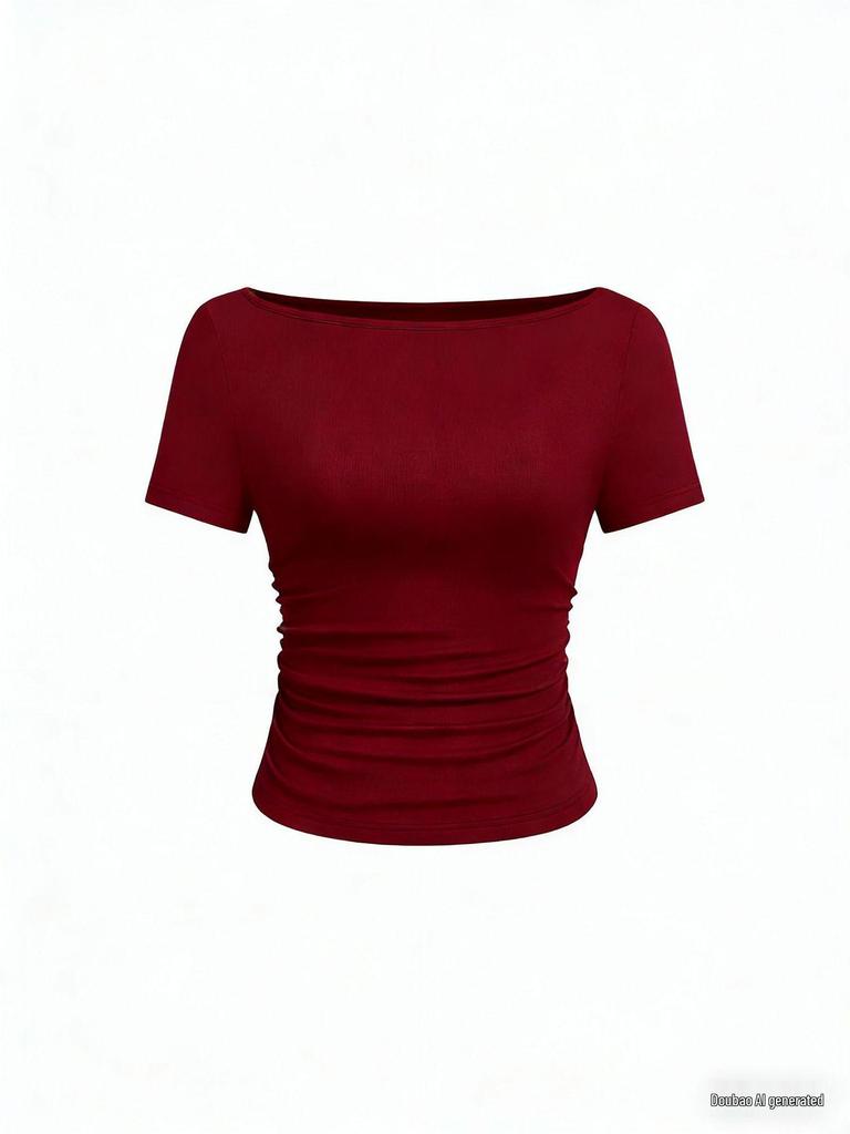 2025 Осень Приталенный женский топ с вырезом лодочкой, рукавами-колокольчиками и сборками - Однотонный, с длинным рукавом