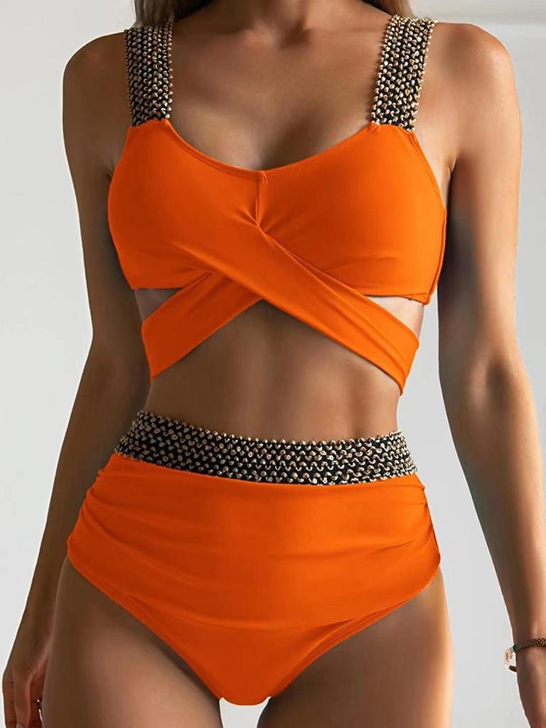 Бикини с высокой талией и леопардовым принтом 2023 года, пайетками и золотой резинкой