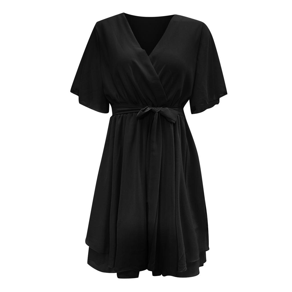 Женское платье с V-образным вырезом, летнее, с перекрестными бретелями, оборками по подолу, шифоновое, повседневное, пляжное платье